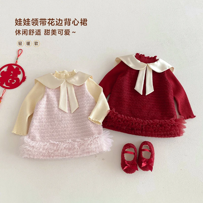 女童小香风拜年服2025新款冬季宝宝娃娃领夹棉裙子儿童洋气连衣裙