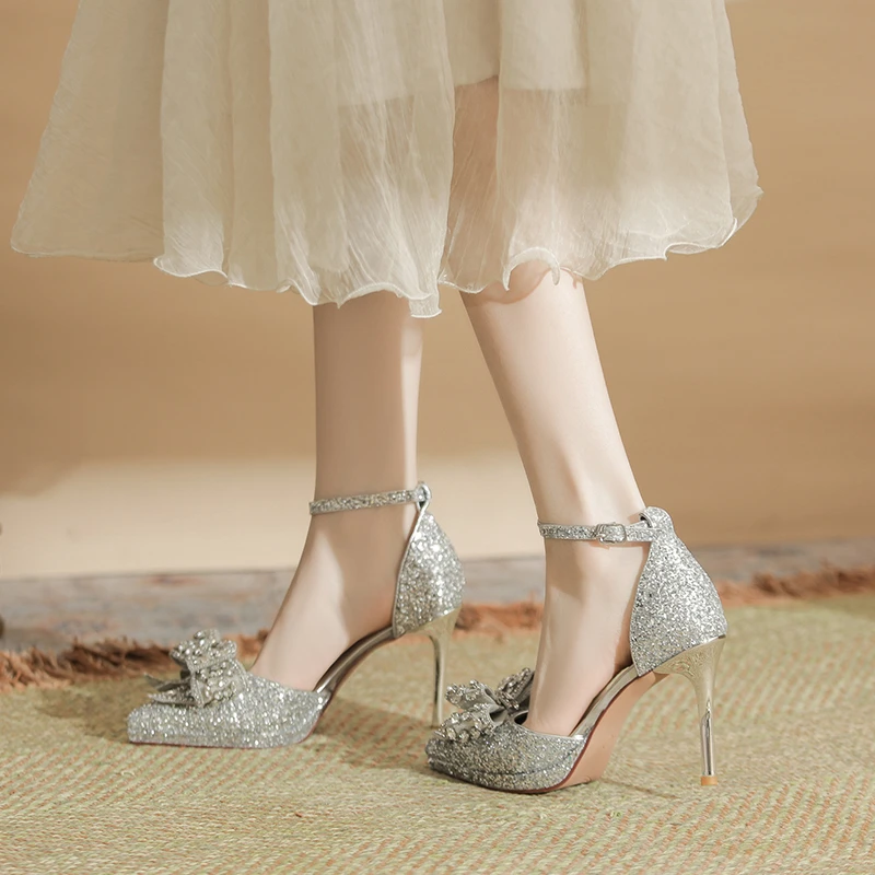 防水台法式高跟鞋女细跟不累脚礼服伴娘订婚中空蝴蝶结婚纱鞋大码