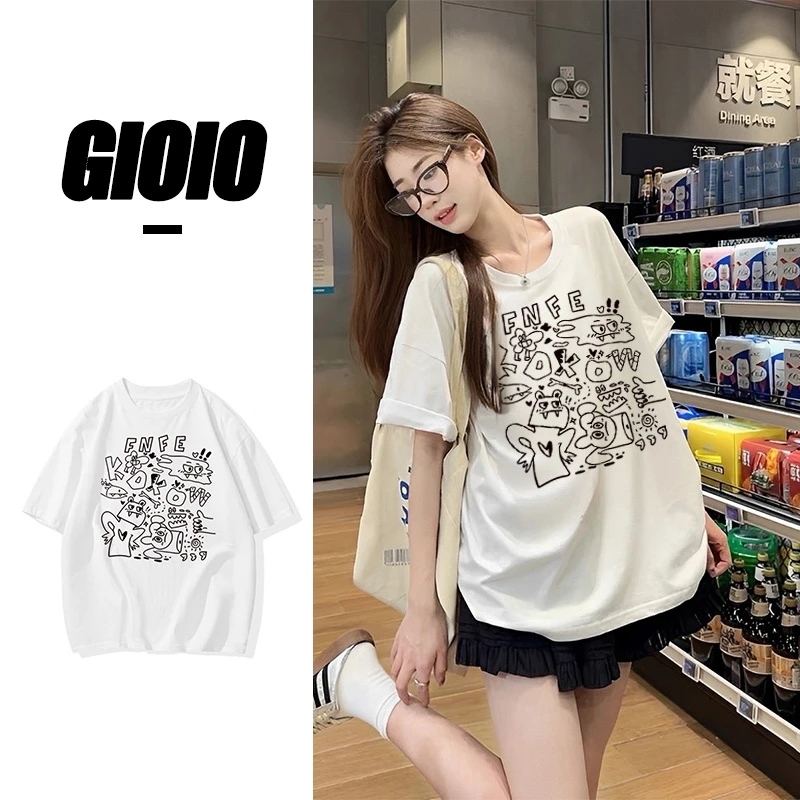 GIOIO潮牌美式纯棉短袖t恤女韩版宽松学生上衣显瘦百搭小众印花