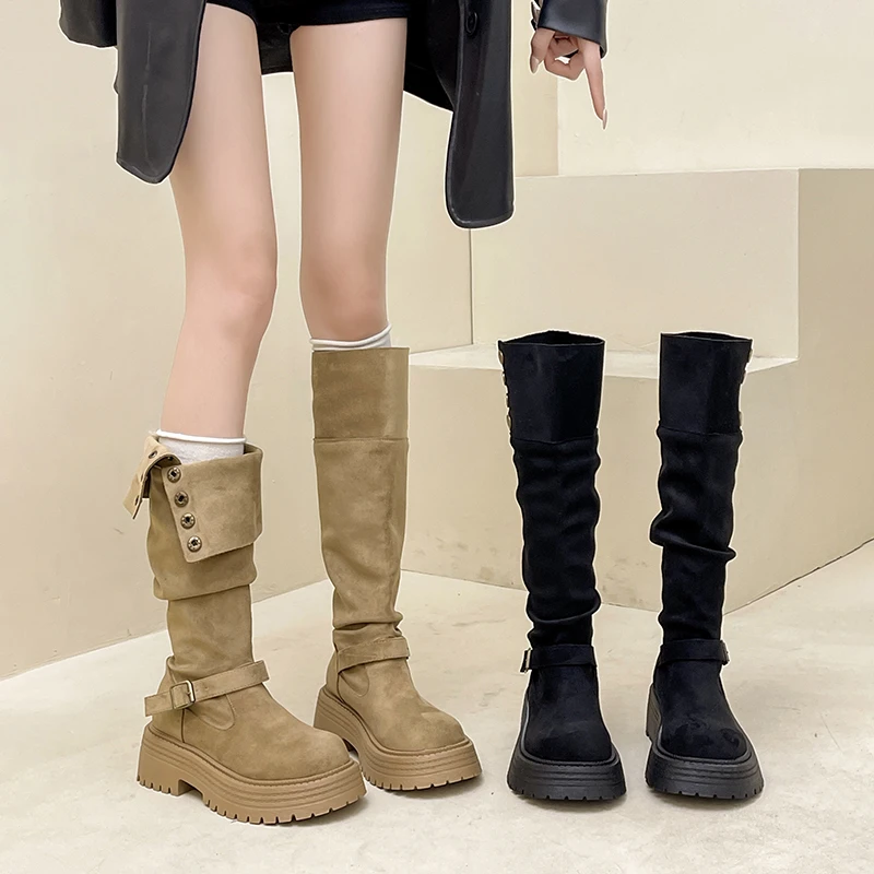 厚底西部长筒靴子女2025新款秋冬季显瘦高筒靴裤管靴堆堆靴骑士靴