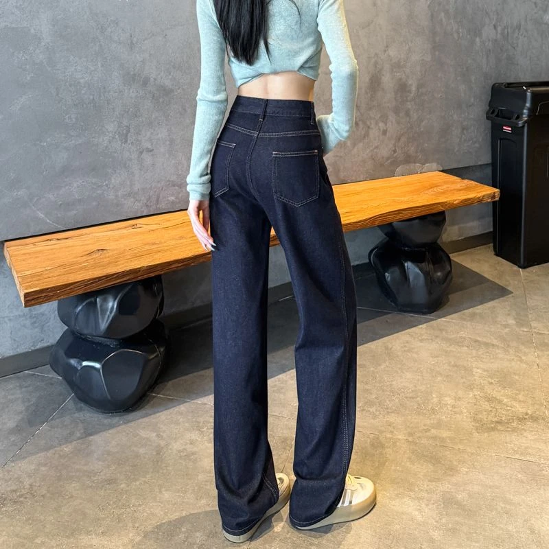 裤子女春秋款2025新款丹宁深蓝梨形身材窄版阔腿宽松直筒牛仔裤