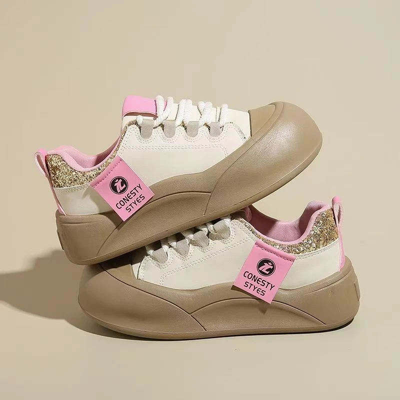 KC831米卡 秋季2024新款厚底女鞋休闲百搭时尚增高皮面松糕底板鞋