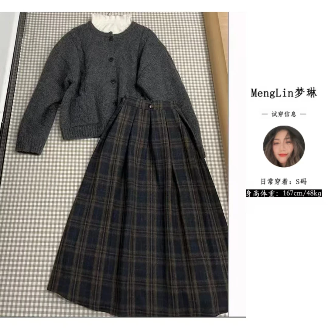冬季穿搭一整套女新款韩版衬衫针织开衫显瘦半身裙三件套件套8386