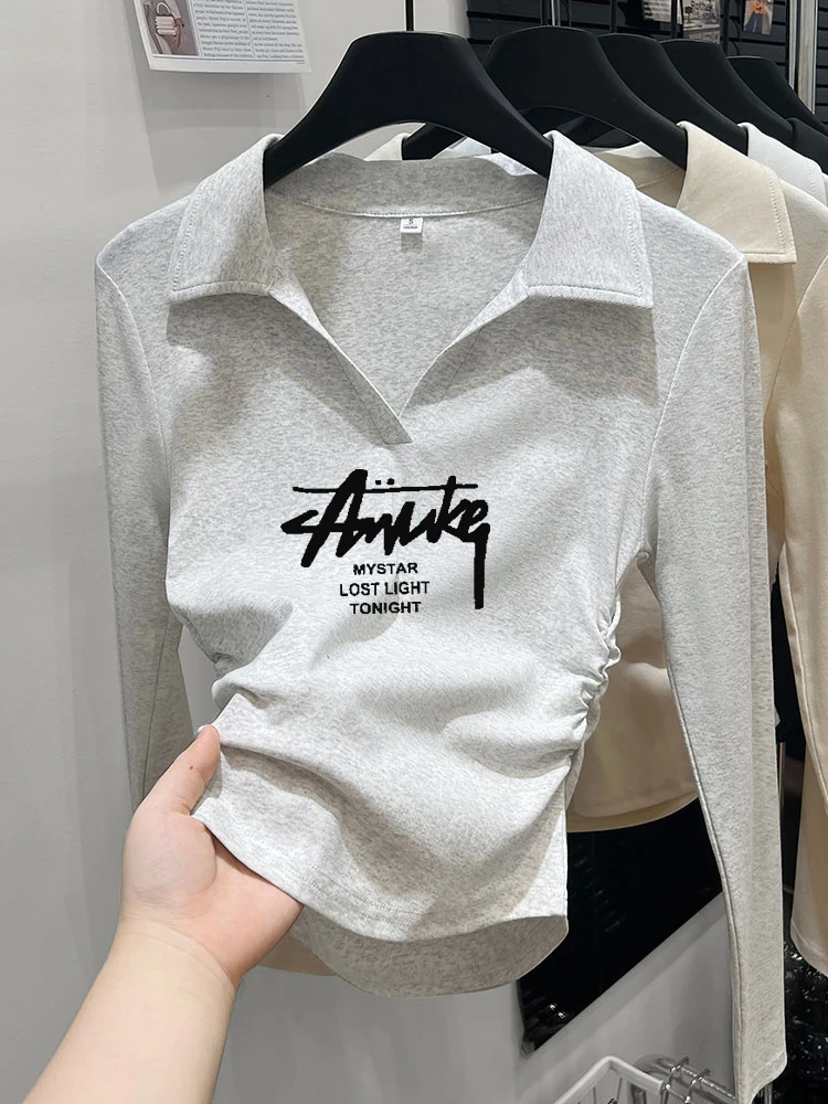 设计感褶皱收腰t恤女长袖秋冬翻领打底衫内搭韩版正肩polo领上衣