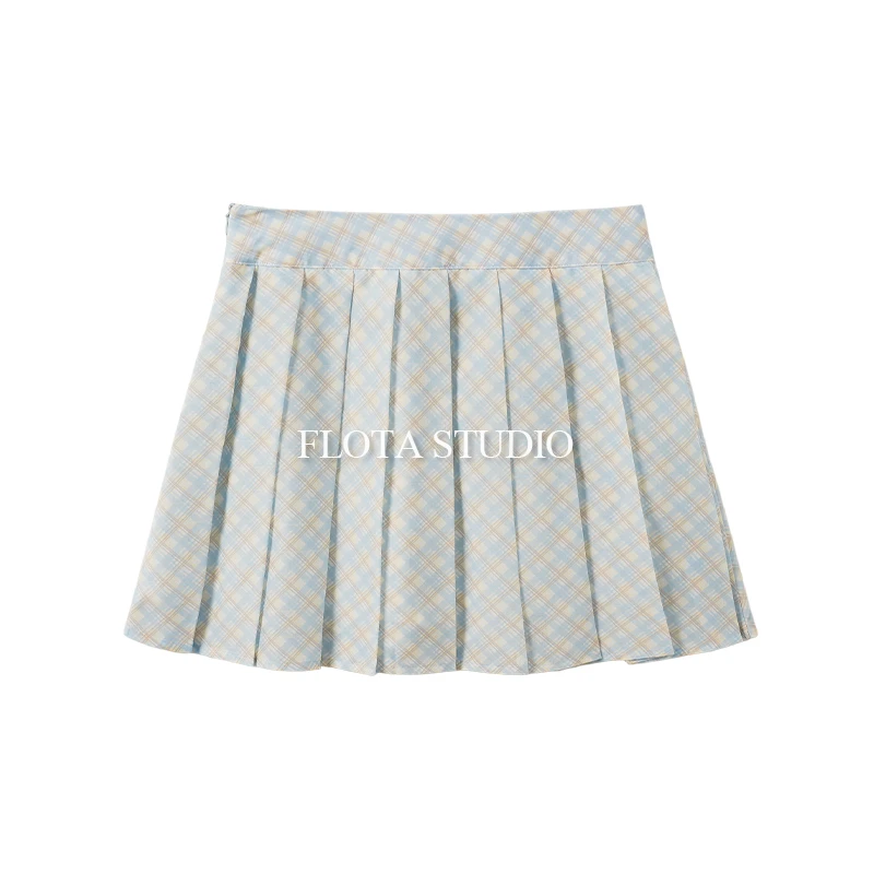 【FLOTA】小个子学院风蓝黄格纹百褶裙甜辣妹a字高腰百搭半身裙0153