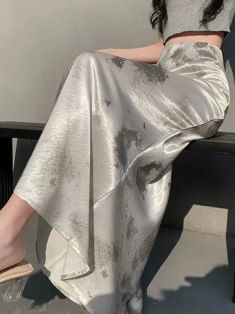 流金缎面高级感扎染长款半裙包臀鱼尾裙