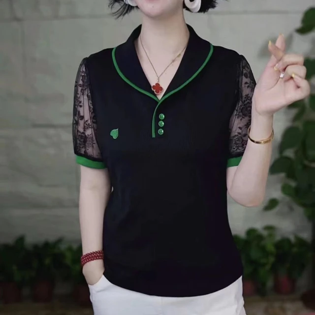 妈妈装青果领拼接蕾丝短袖洋气小衫时尚女夏季T恤减龄百搭女上衣