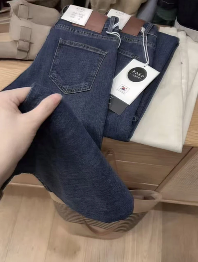 七言家新品!复古水洗蓝高腰显瘦遮胯微弹直筒牛仔裤9016# @