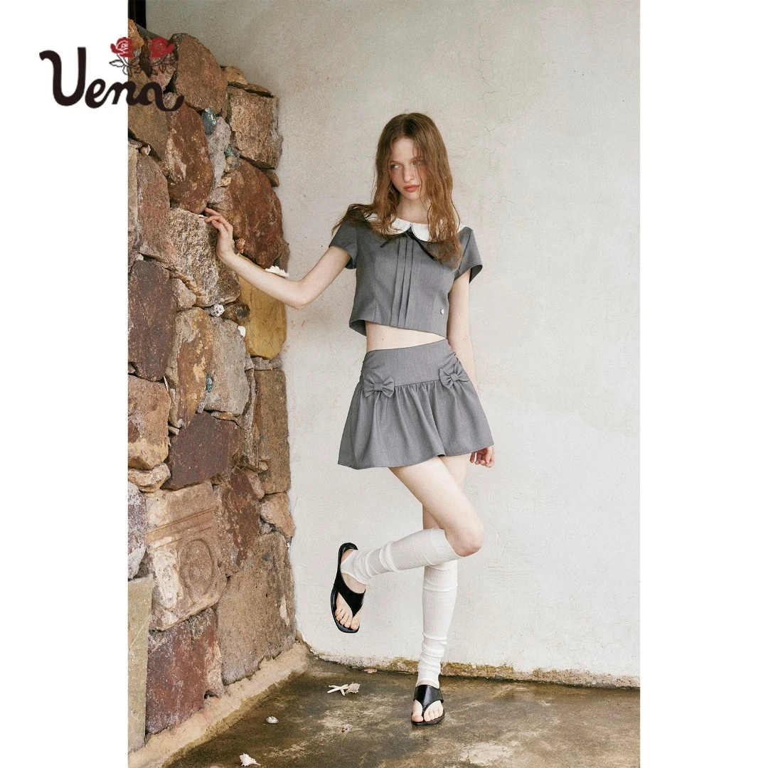 【香榭梦游】Uena灰色蝴蝶结娃娃圆领正肩短袖小衫蓬蓬半身裙套装