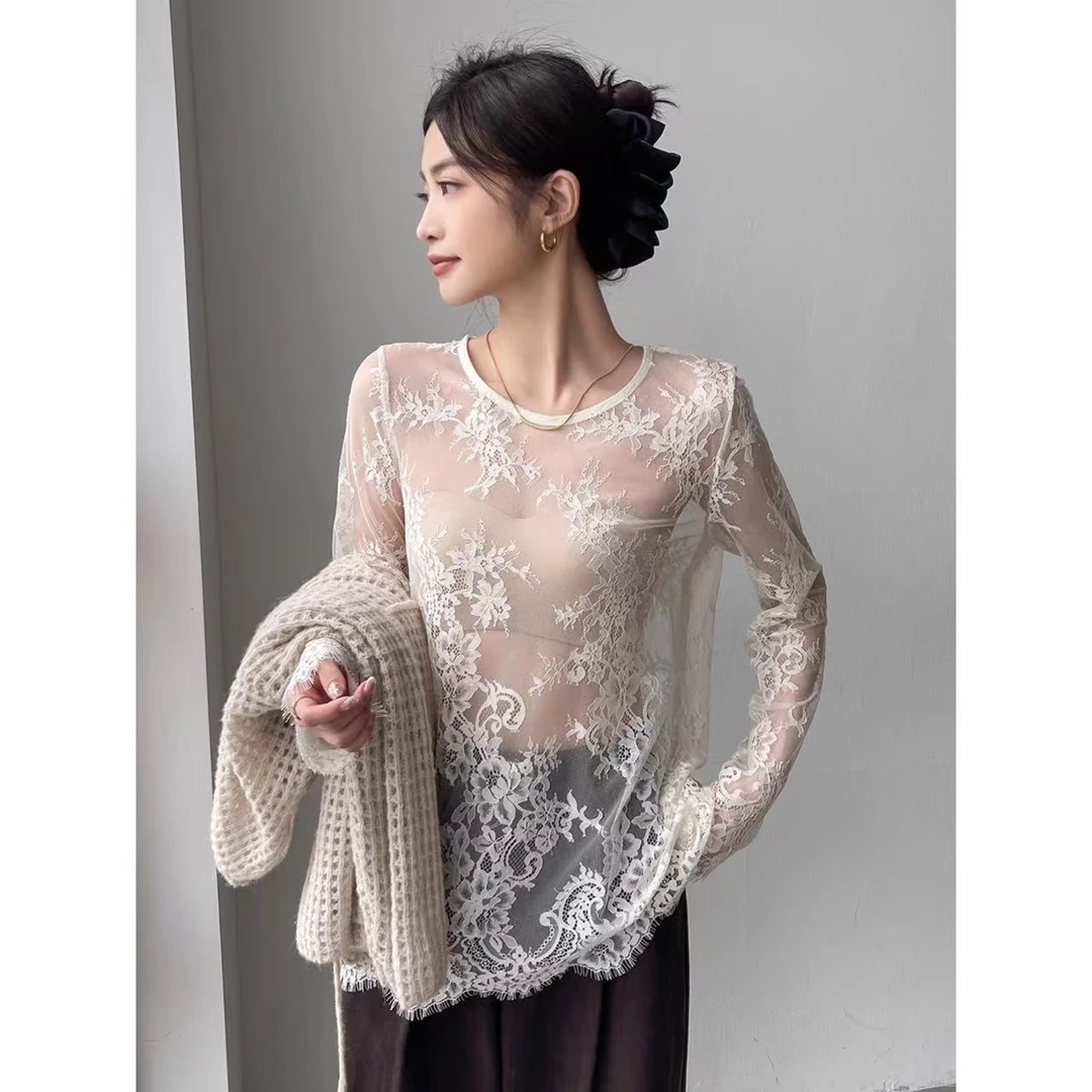 蕾丝白色打底衫女2025新款早秋圆领透视网纱长袖t恤性感上衣罩衫
