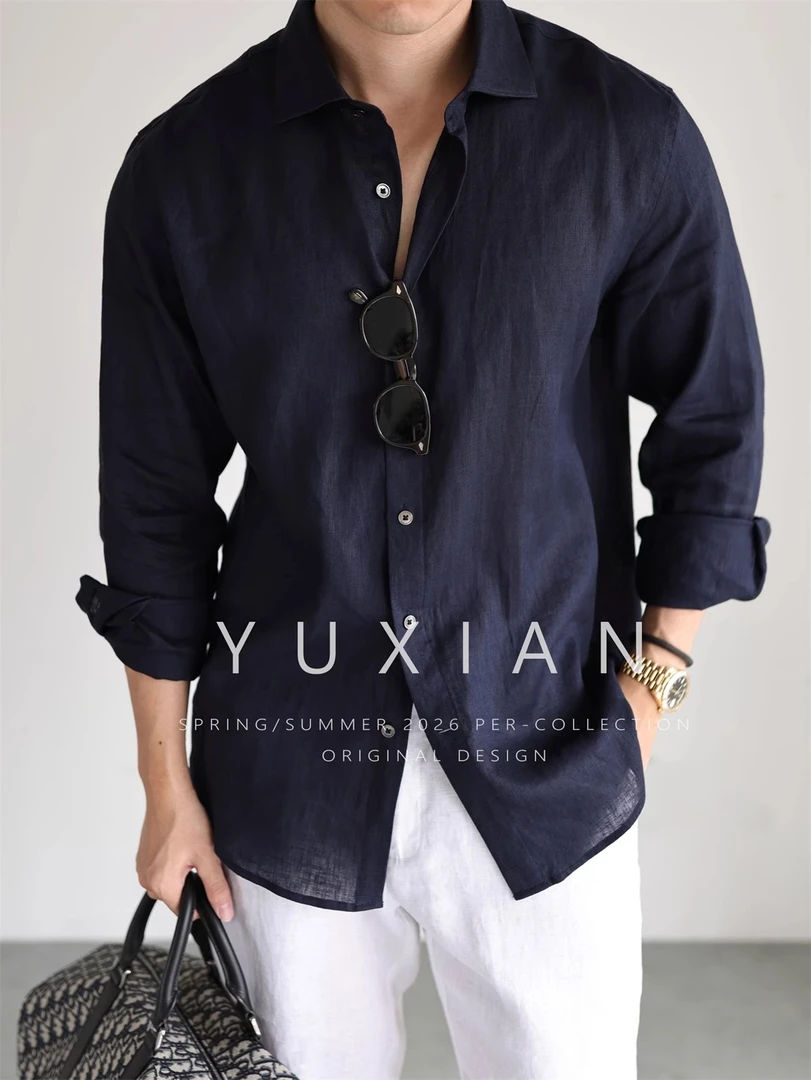 YUXIAN意式100%亚麻色织长袖衬衫休闲商务纯色通勤透气衬衣男春夏