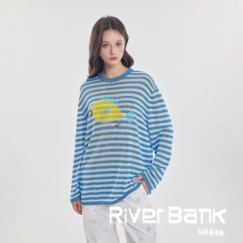 河岸家设计师OooFYang百搭简约蓝色条纹长袖毛毡鱼T恤25秋冬