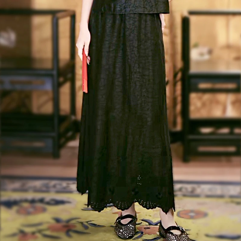 复古日记“夜泊”100桑蚕丝老料龟纹香云纱花瓣摆半裙25EQS161