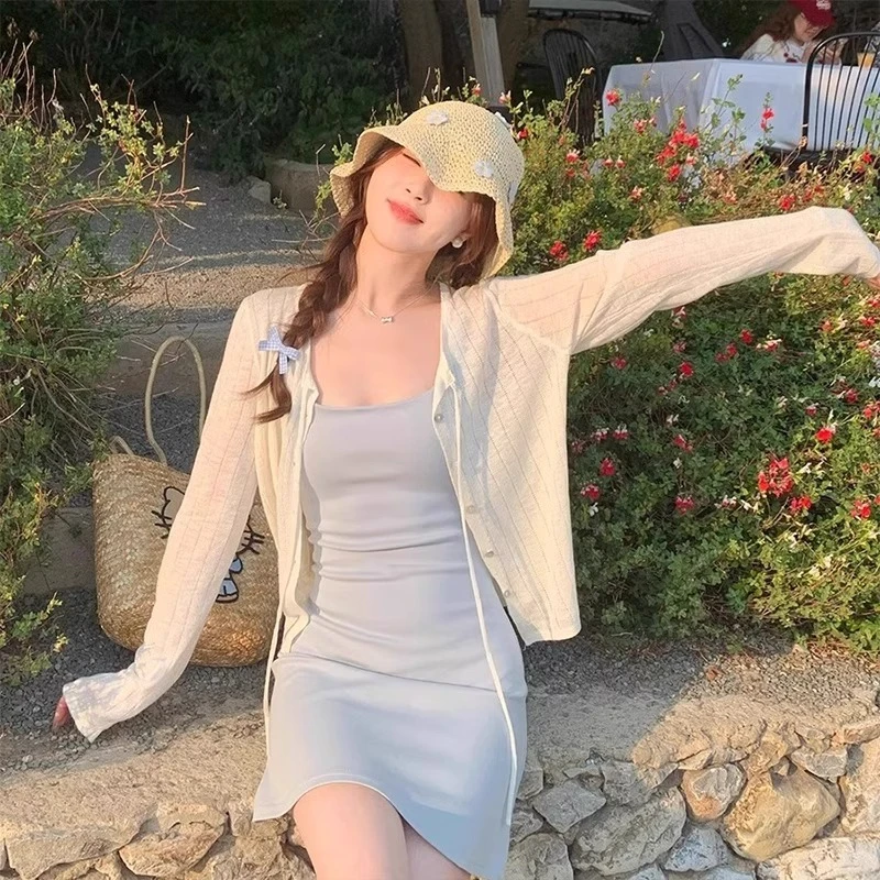 系带防晒针织开衫薄款女韩系配吊带外搭罩衫夏小坎肩冰丝上衣外套