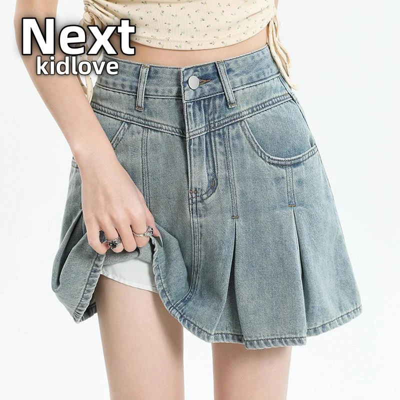 NEXT浅色牛仔百褶裙女2025夏薄款高腰a字阔腿粗腿遮肉小个子包臀