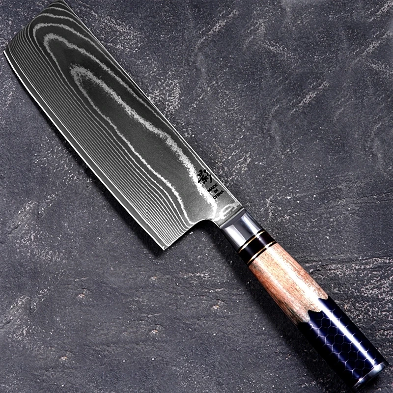 67层大马士革钢蜂窝树脂柳木手柄大马士革流沙纹平头小菜切