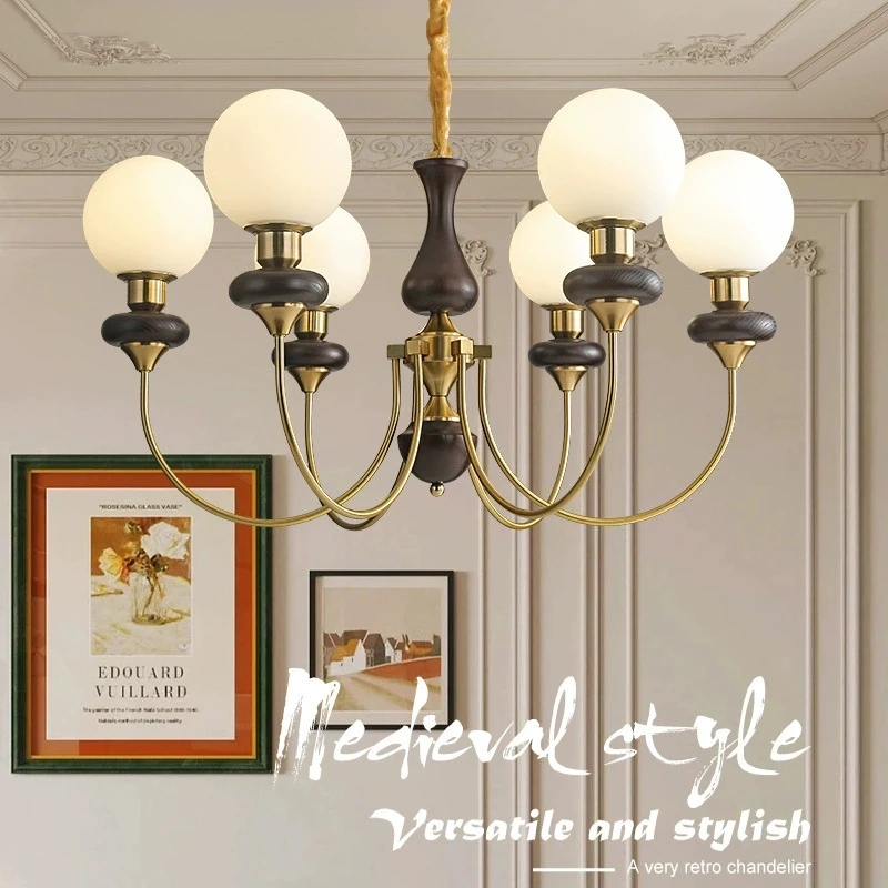 【钰湘】法式复古魔豆灯客厅胡桃木色吊灯全光谱护眼龙珠卧室灯饰