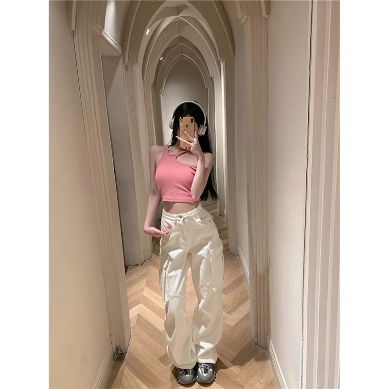 2025夏季时尚小众设计款露肩修身显瘦上衣街工装裤宽松阔腿长裤女