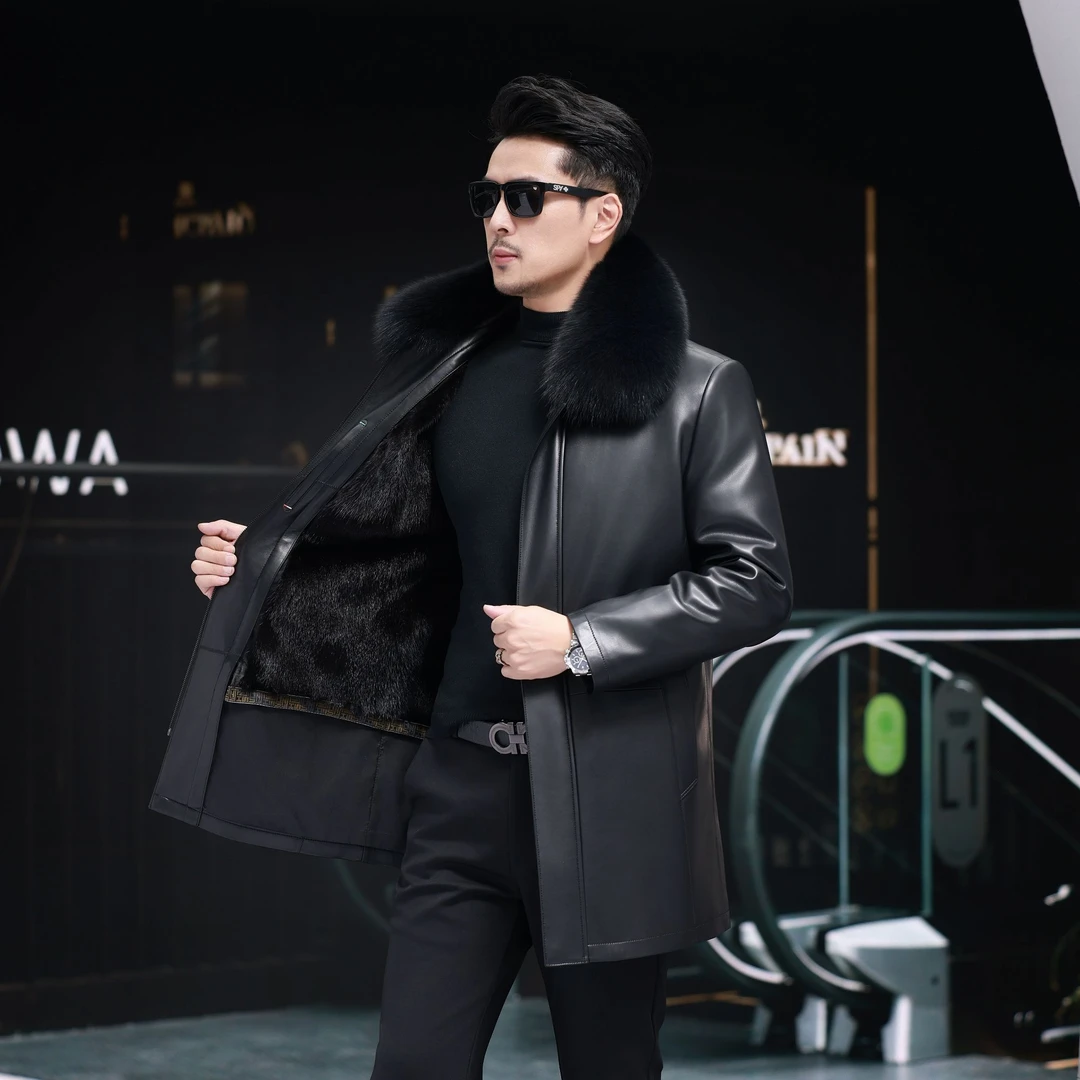 男士冬季真皮皮衣中长款狐狸毛领皮毛一体内胆可拆卸绵羊皮厚外套