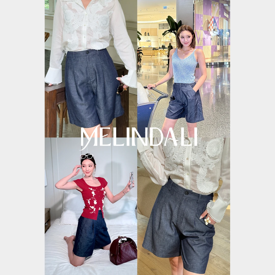 Melinda Li【温网系】天丝亚麻凉感高腰复古仿牛仔老钱风五分裤短裤