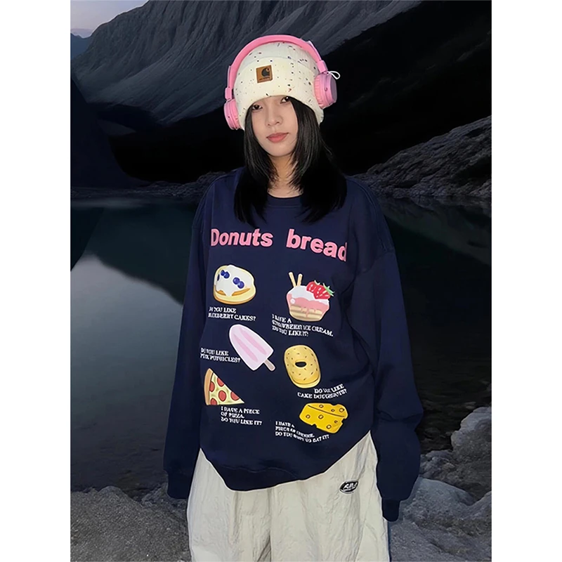 美式复古圆领卫衣女秋季藏青色甜甜圈印花长袖t恤宽松休闲上衣ins