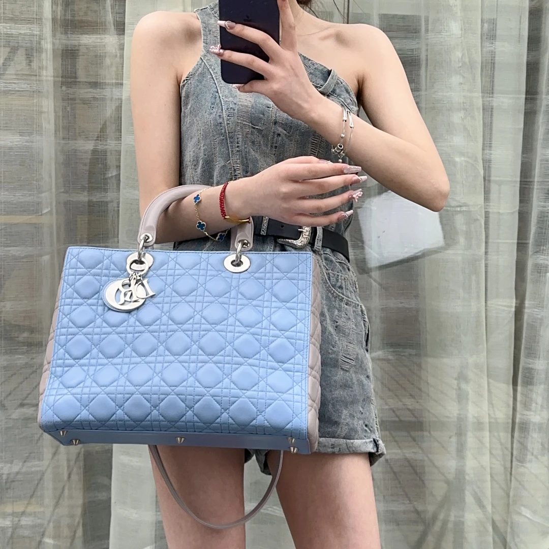 99新 DIOR/迪奥 浅蓝色拼灰七格戴妃手提斜跨包  LJ059