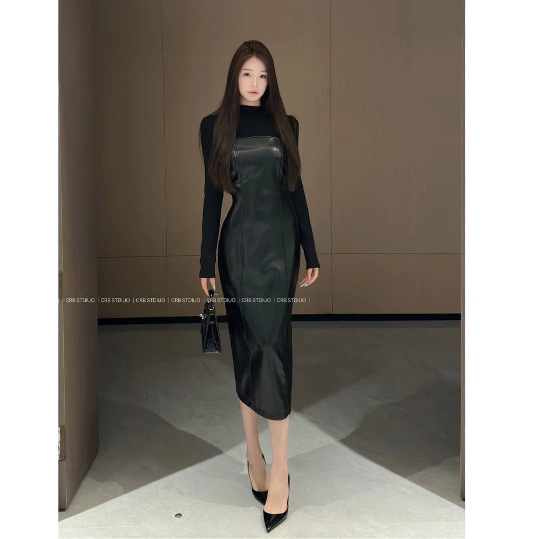 【春日部】冬日气质时尚拼接百搭打底修身连衣裙0677