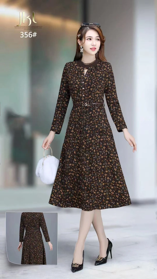 F1072 圆领连衣裙美拉德碎花连衣裙