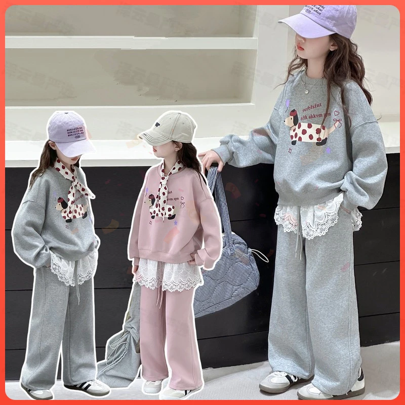 儿童宝宝夏季洋气套装春季女童装新款女孩两件套运动春秋蕾丝纱