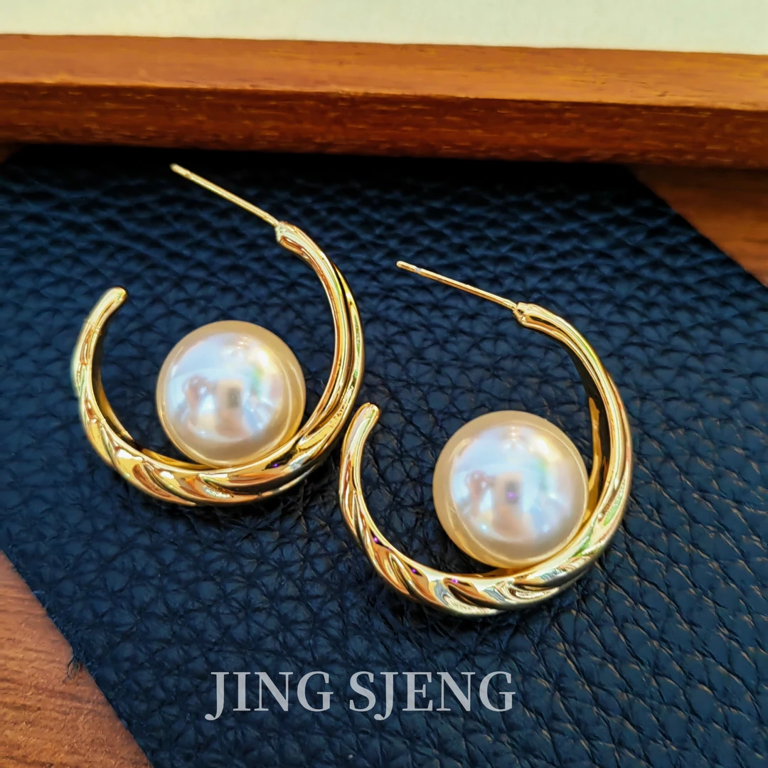 铜合金仿珍珠耳饰 【望月】轻奢复古小众珍珠耳环女时尚几何耳圈