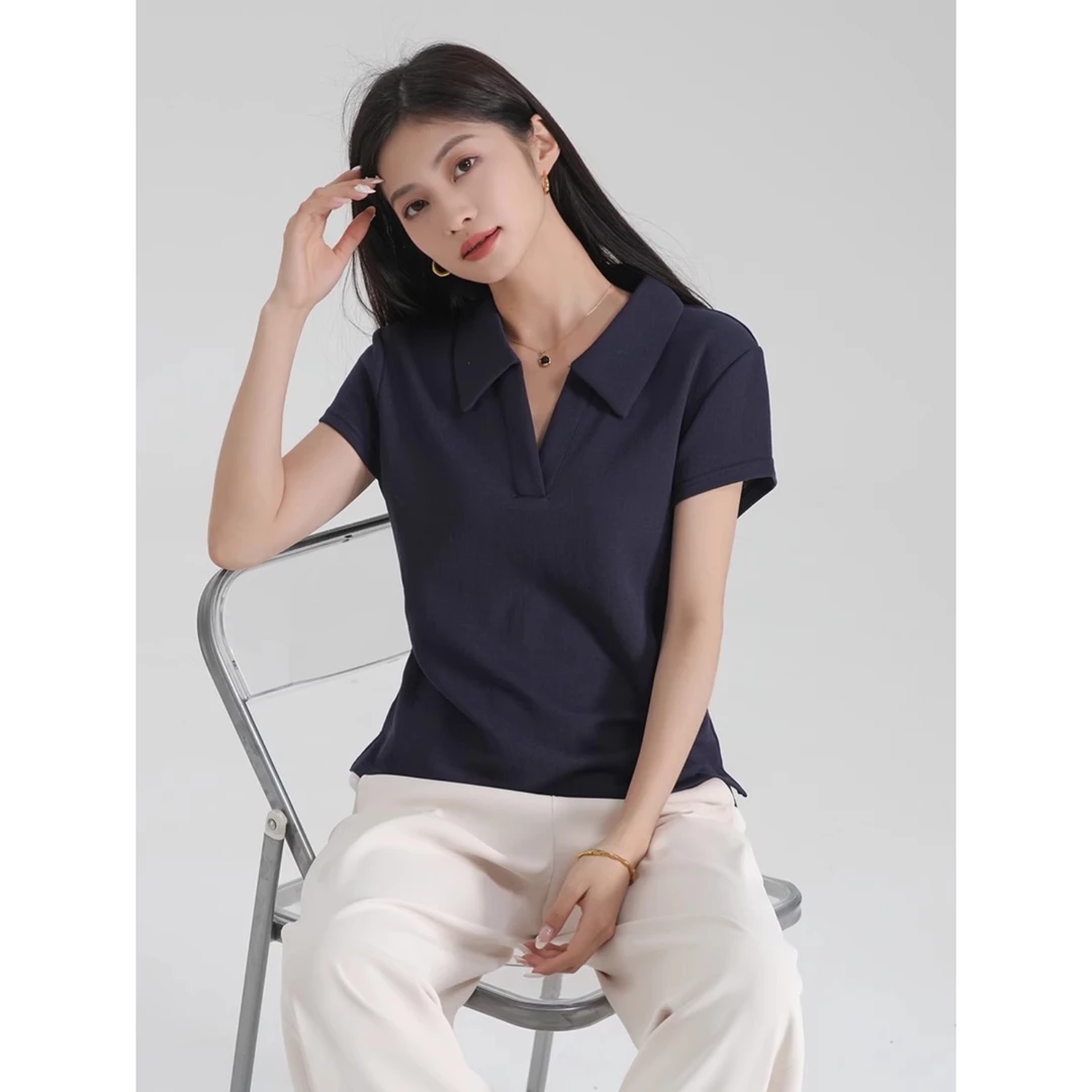POLO领天丝亚麻短袖女t恤2025新款夏内搭显瘦时尚打底衫翻领上衣