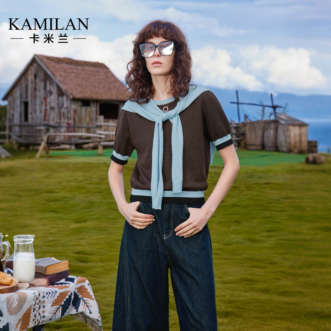 卡米兰拼接短袖气质女士针织衫2025秋季新款流行巨好看设计感上衣