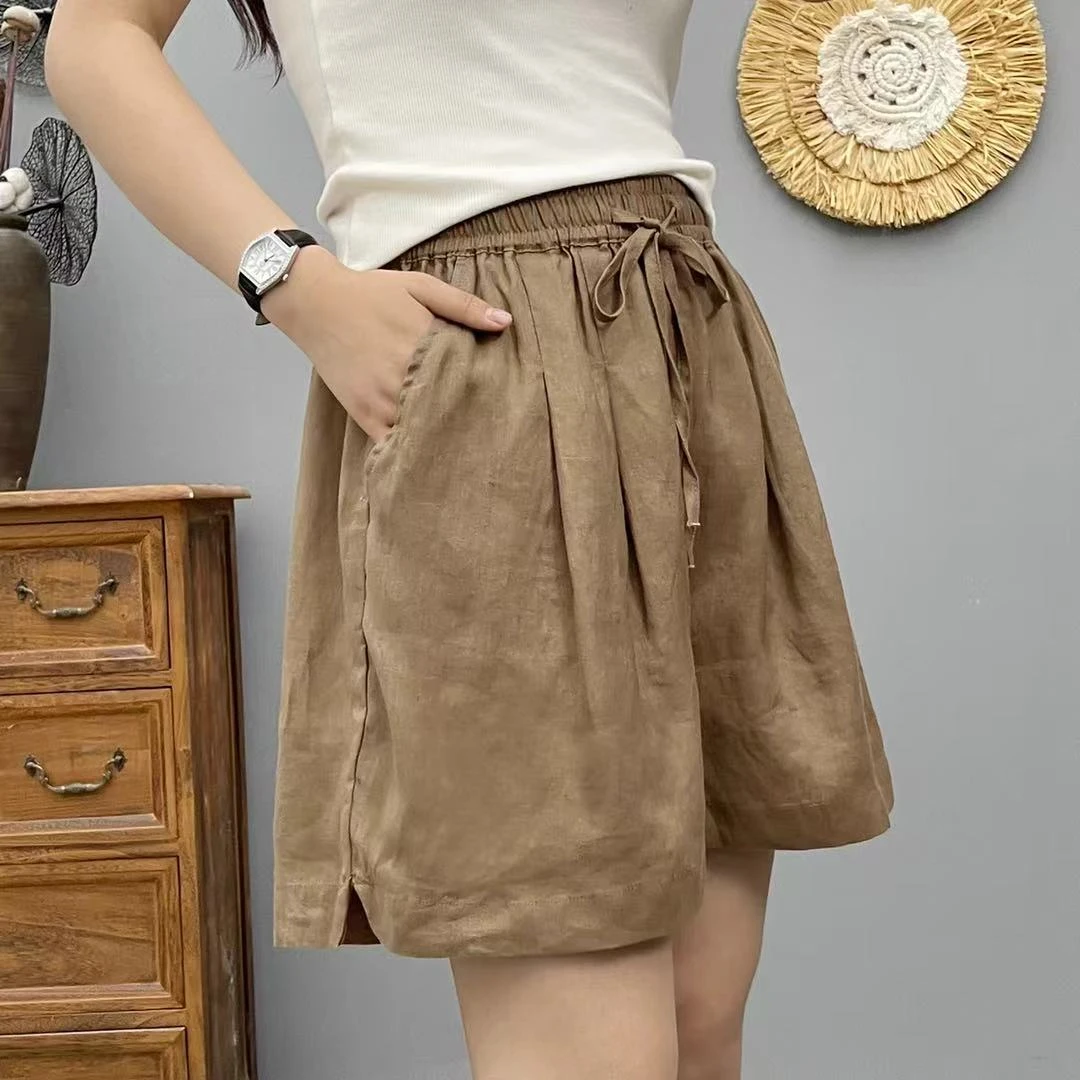 亚麻拼接高腰抽绳松紧腰宽松休闲风休闲显瘦短裤韩版夏季