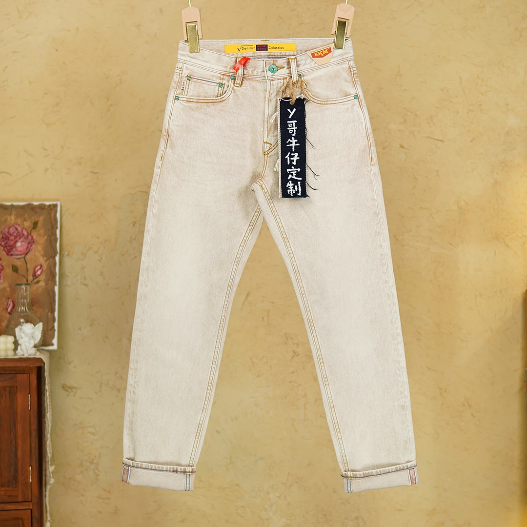 5211赤耳丹宁12盎司牛仔裤男士春夏新款弹力修身直筒硫化棕色水洗