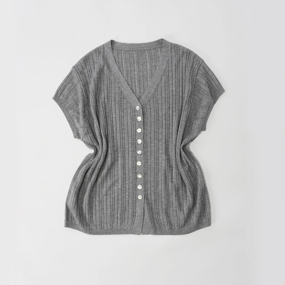 品牌新款镂空显瘦纯色短袖V领上衣52196