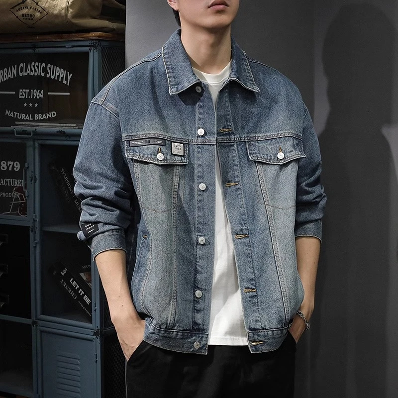 美式休闲复古水洗工装牛仔夹克男2025春季新款宽松大码翻领外套潮