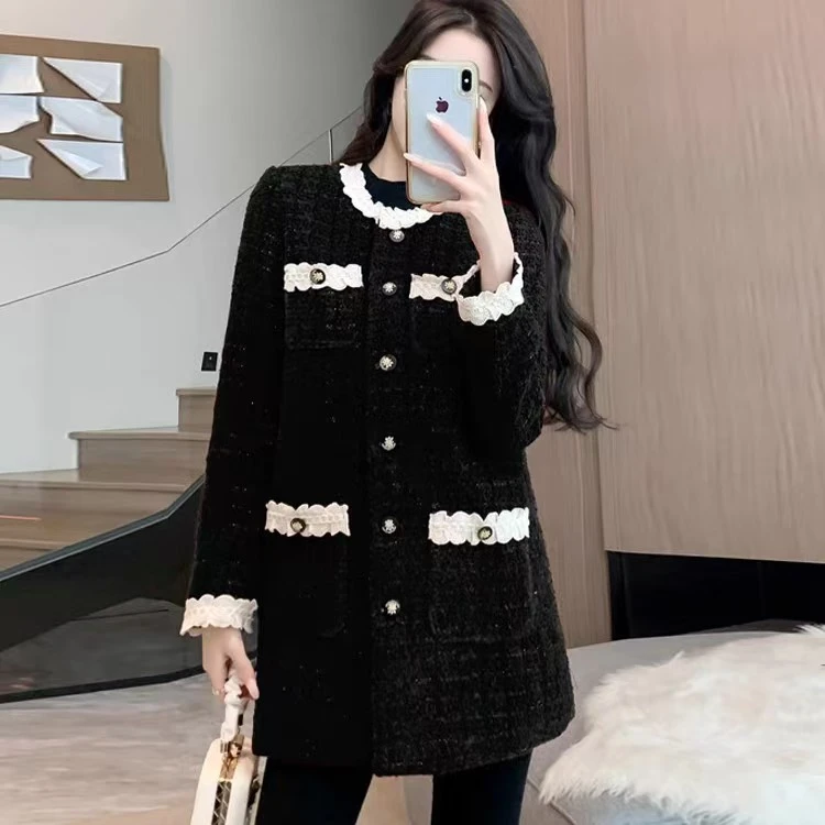 【双双专属】D316小香风中长款羊毛女外套秋冬小众花边高端气质名媛