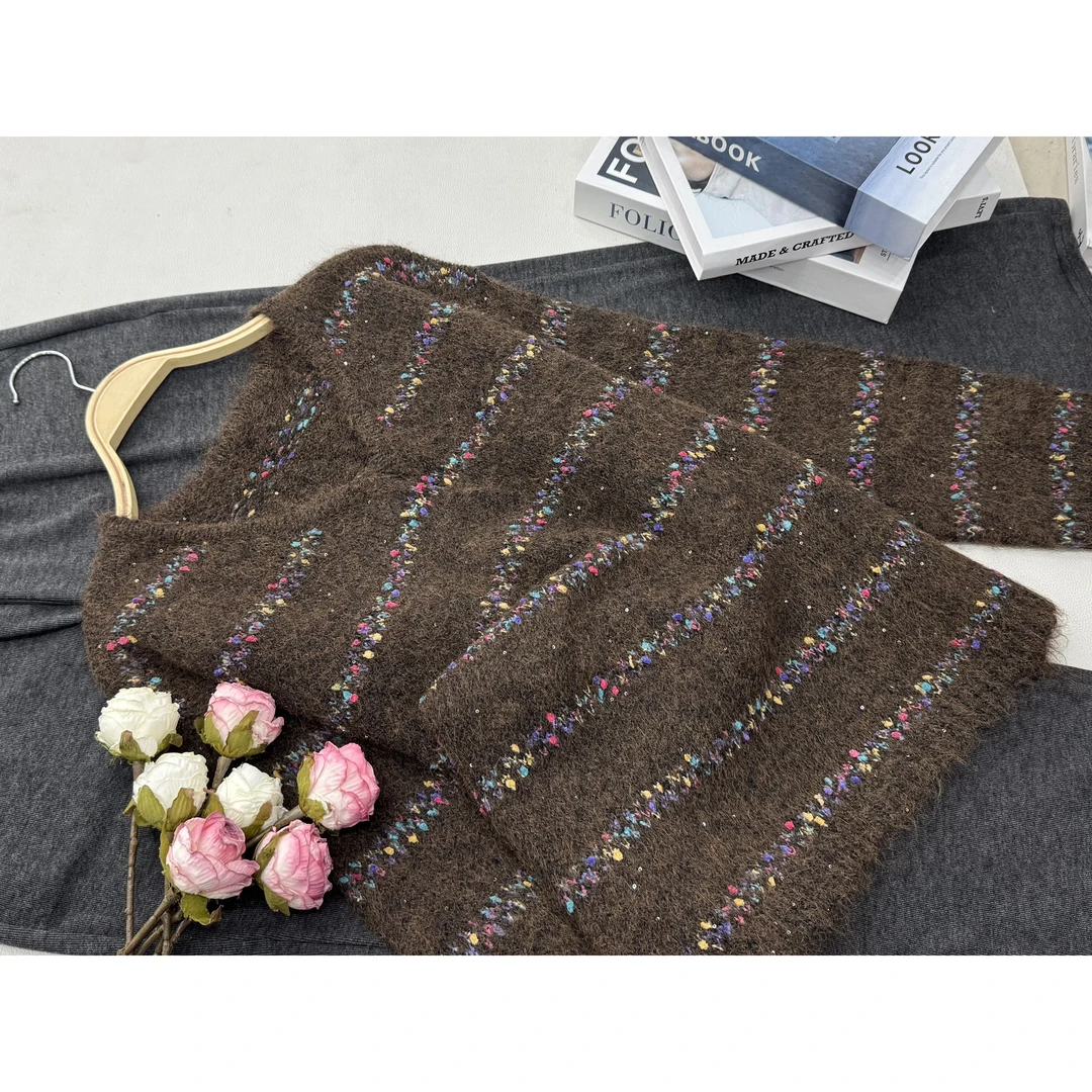 【咖色条纹套头加厚】早秋新款时尚长袖针织上衣QC5474