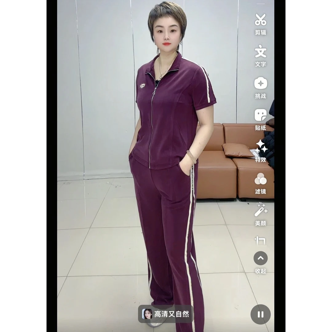 小施家南韩夏季休闲设计感拼接工艺钻冰爽时尚白马高货套裝16893
