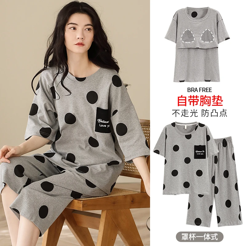 纯棉睡衣女夏天薄款短袖七分裤套装甜美学生全棉家居服带胸垫女士