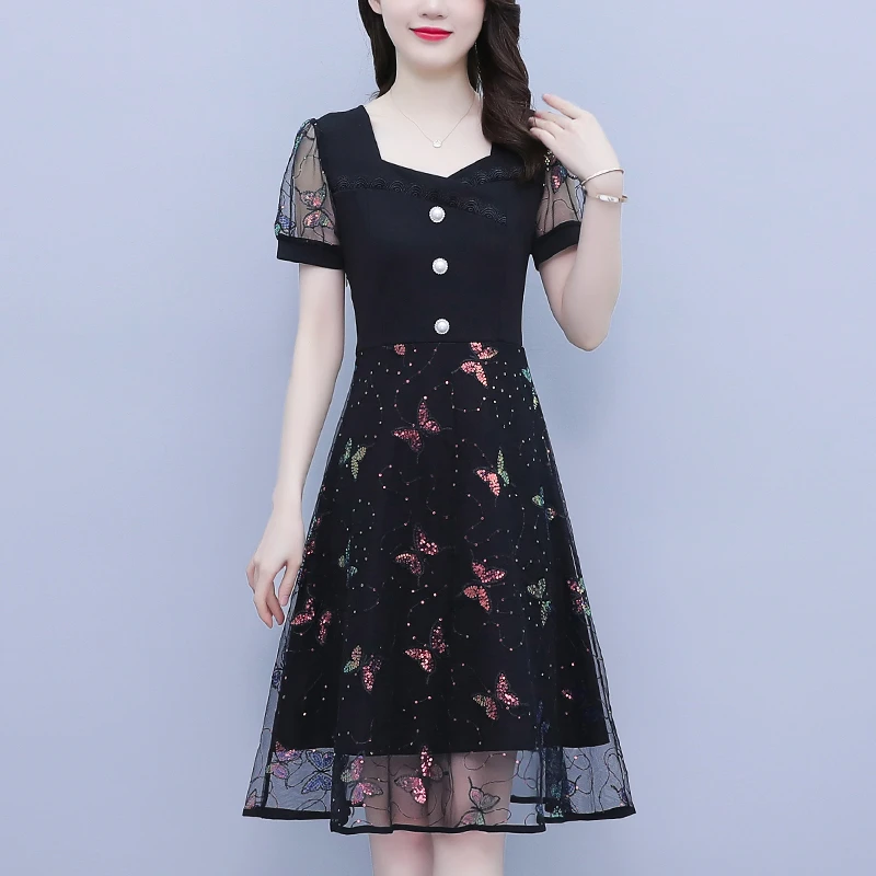 大码女装2025夏季韩版胖蝴蝶结绣花网纱拼接修身减龄连衣裙女