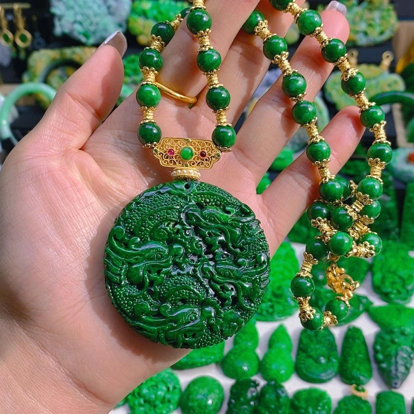 【闪购商品】翡翠颈饰未镶嵌辣绿龙牌圆牌