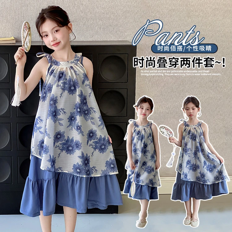 女童雪纺连衣裙夏装2025新款中大童挂脖碎花裙子吊带装两件套长裙