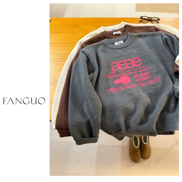 韩国a*e糯软毛绒绒 复古美式字母宽松休闲套头针织衫毛衣女B7339