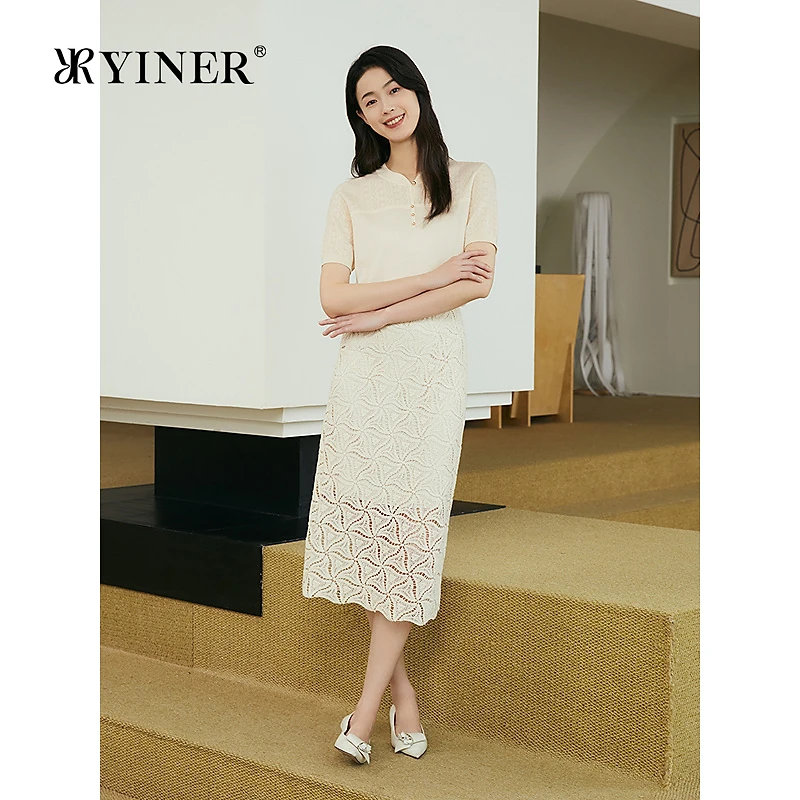 YINER音儿2025夏季新款法式复古绳袖镂空绣花高腰直筒H型半身裙