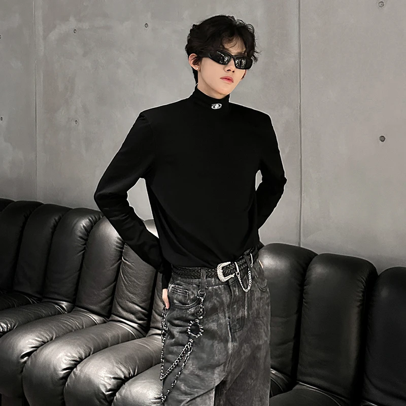 黑色半高领打底衫男韩版高级感内搭小众设计感垫肩长袖T恤休闲ins