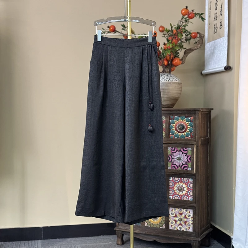 【云青】新中式百分百桑蚕丝香云纱休闲裤龟裂阔腿裤显瘦高腰长裤女