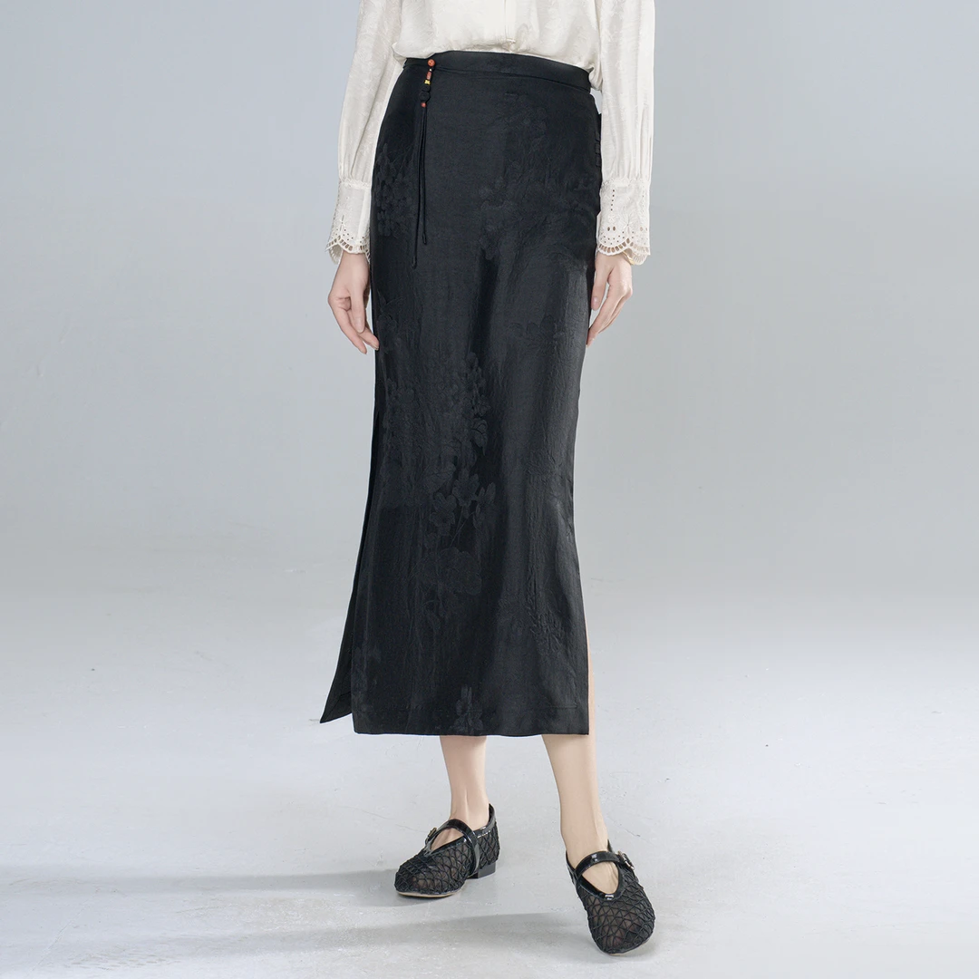 香云纱（素瑛）提花花萝流苏舒适时尚百搭休闲双开叉包臀裙--61745