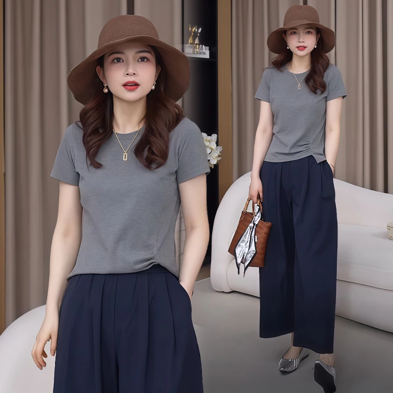 时髦圆领褶皱拼接短袖t恤女2025年夏季新款韩版休闲显瘦上衣潮