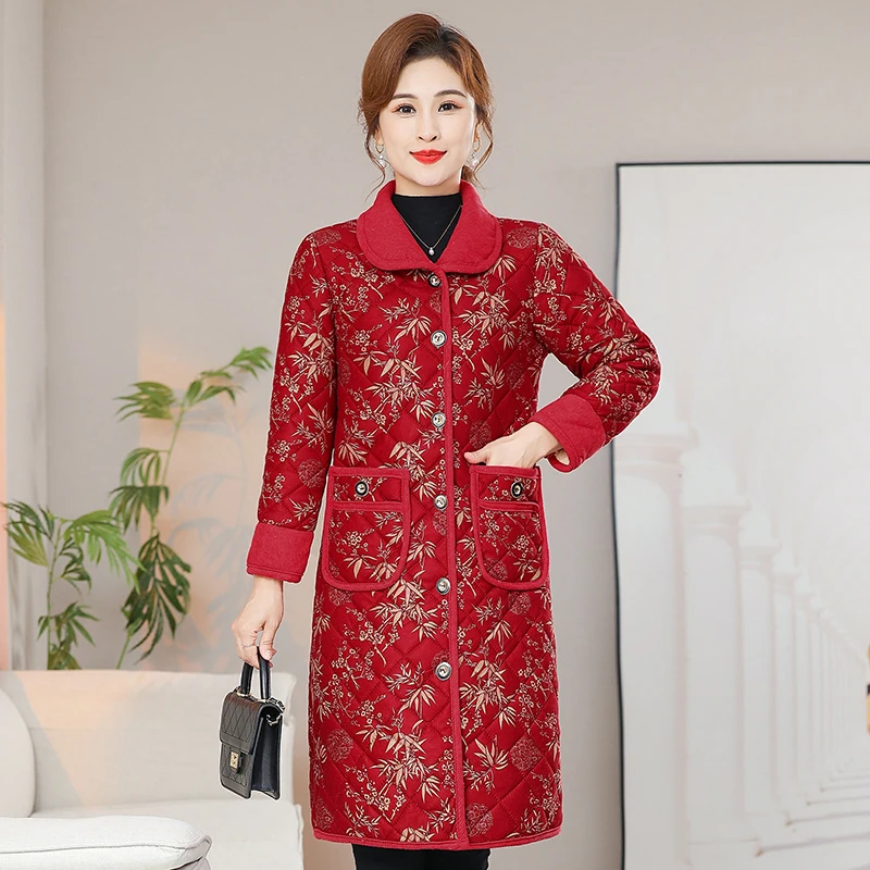 棉袄妈妈装冬季中长款棉衣中老年新款碎花加绒加厚保暖棉服外套女